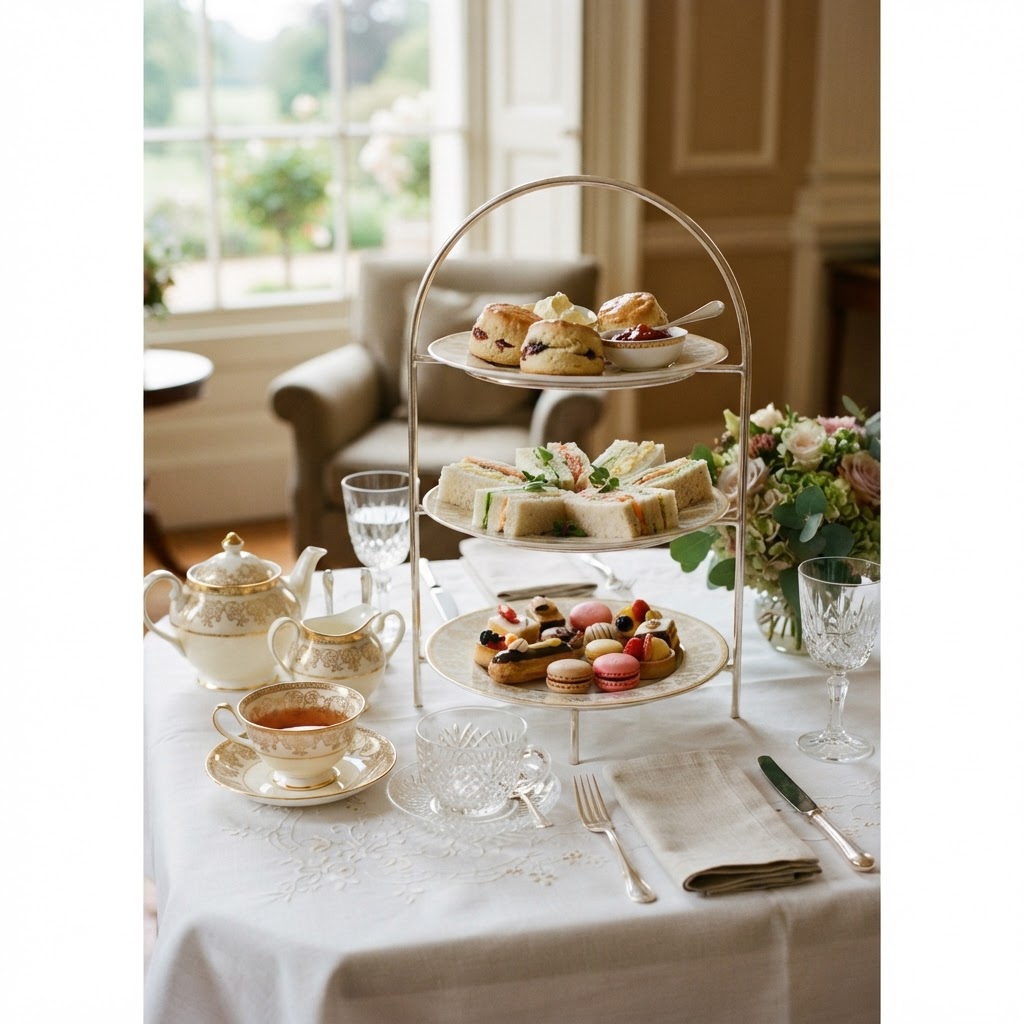 Elegant afternoon tea service with fine china and a silver stand