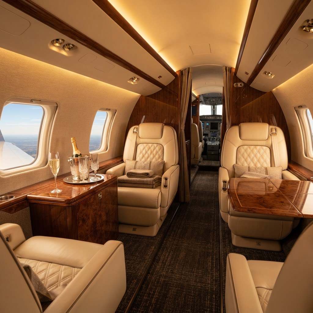 Luxury private jet interior with cream leather seats
